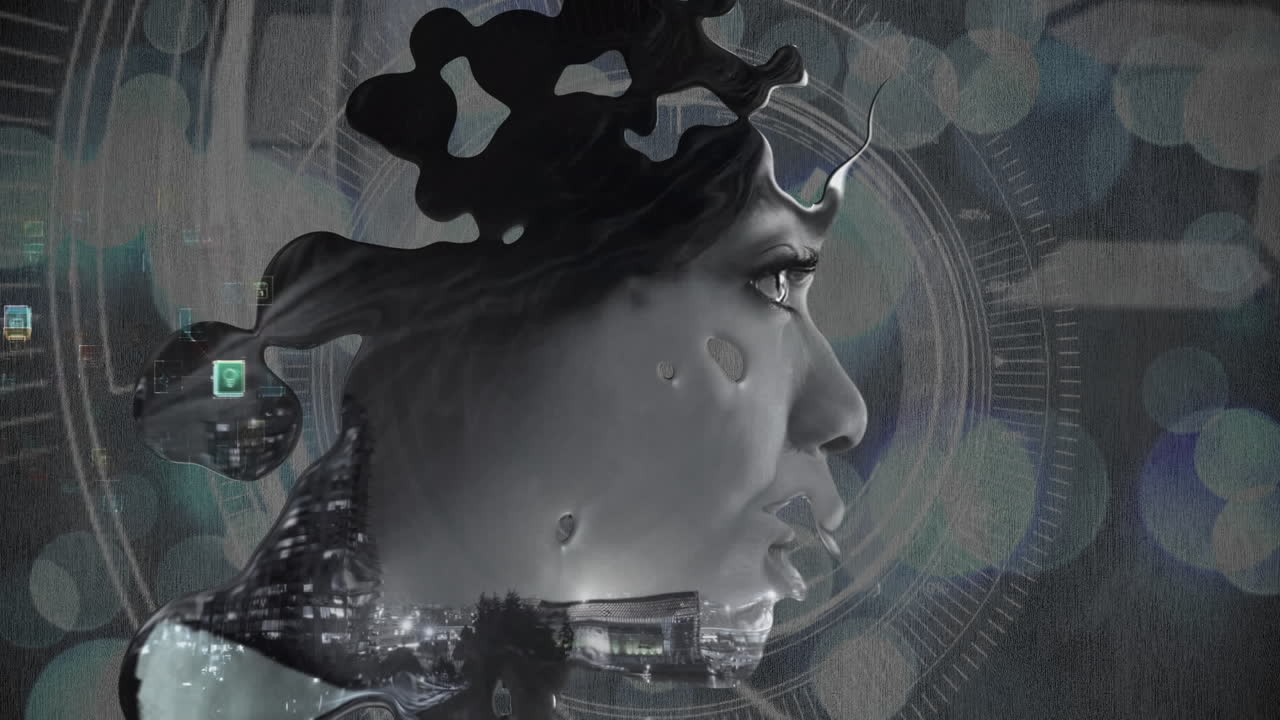 여성 얼굴에 대한 연결 네트워크와 함께 범위의 애니메이션