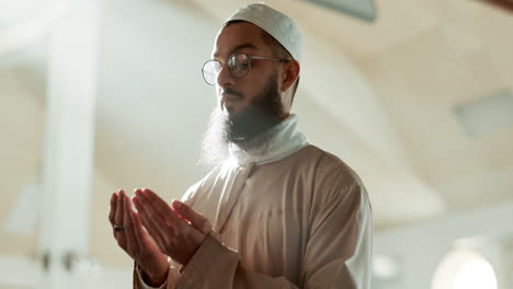 sunrise, islamic and man praying for faith