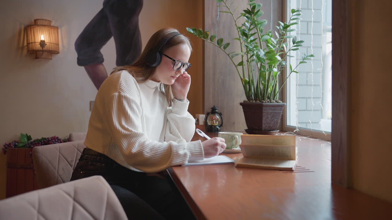 student wearing headphones writes in notebook while listening to music with open novel in front of her seated by window in cozy cafe surrounded by soft lighting potted plant and indoor decor