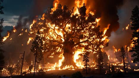 un gran árbol está envuelto en llamas en el medio de un bosque