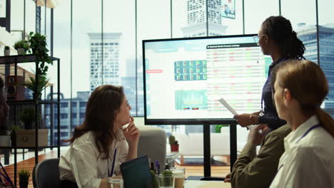 Employees team analyzing infographics to offer solutions for the new project