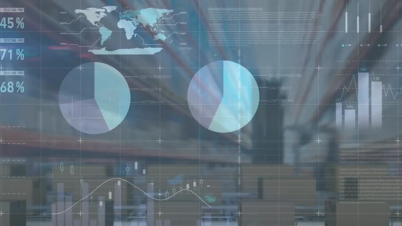 animación del procesamiento de estadísticas sobre cajas de cartón en cintas transportadoras