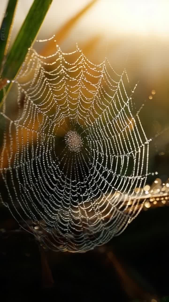 Una ragnatela finemente tessuta che scintilla di gocce di rugiada alla luce del mattino, mettendo in mostra i dettagli intricati e la bellezza trascendente della natura