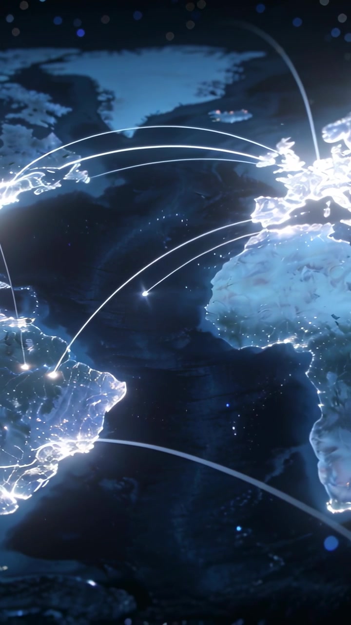 Vertical video: Camera panning across Atlantic globe arcs pulsing toward Europe showing nodes