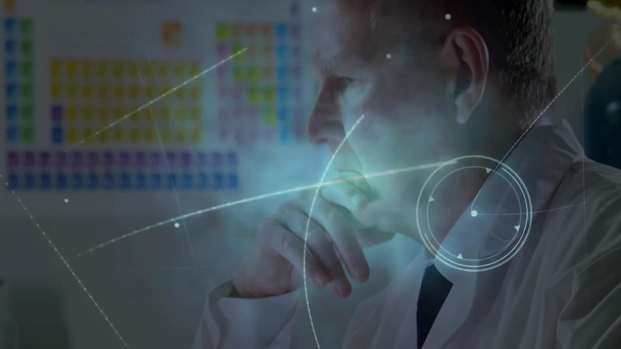 Digital overlay appearing while lab scientist typing for analysis pausing gesturing and reflecting