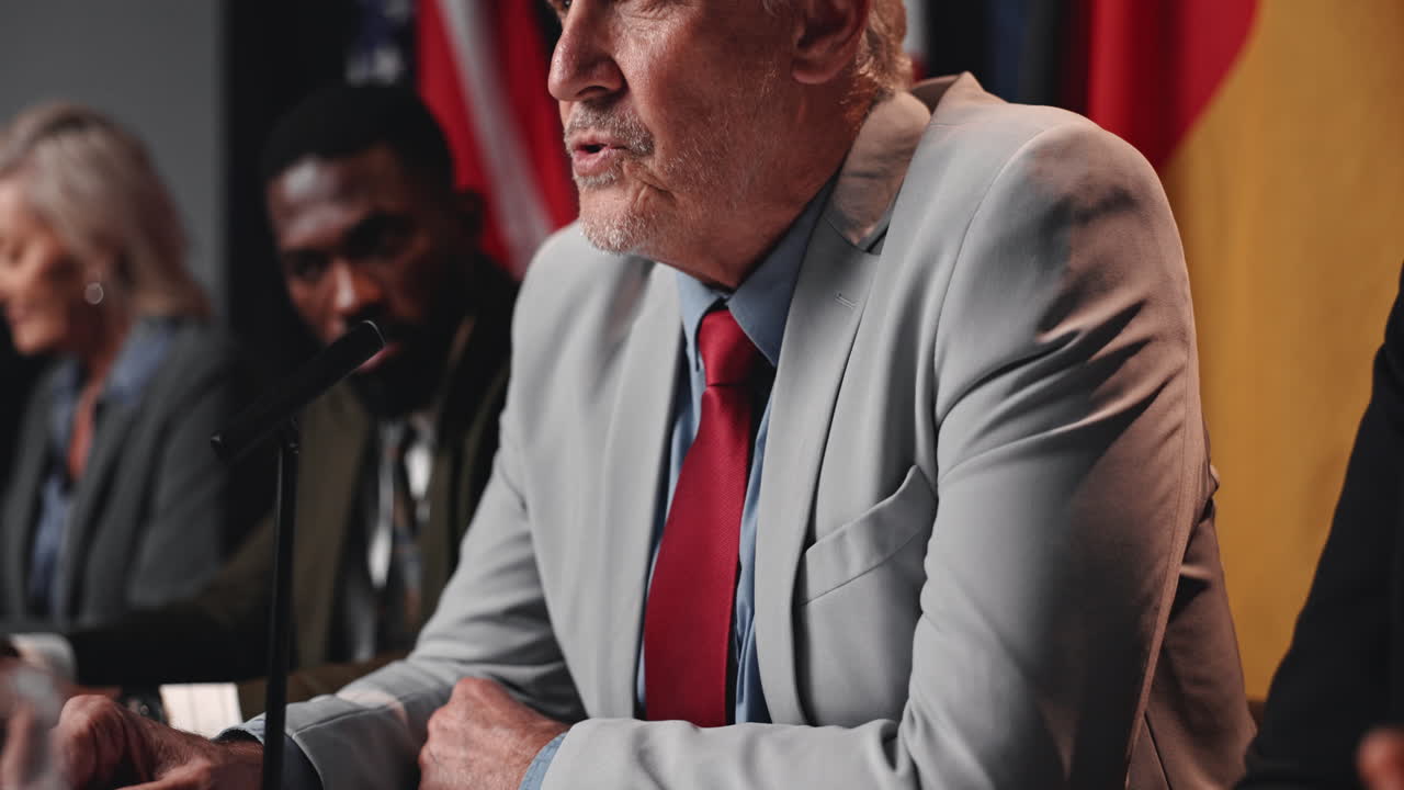 Politician giving a speech at a press conference