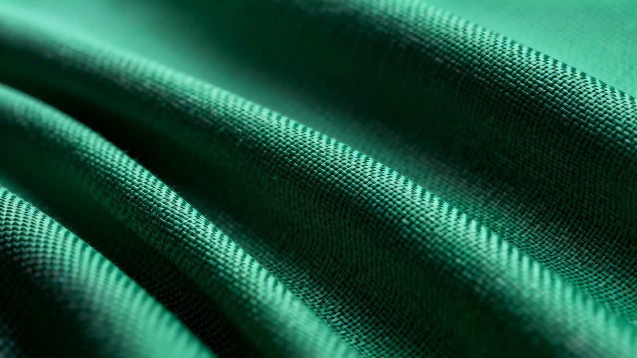Shifting light and camera drift revealing specular highlights on emerald-green woven diagonal folds