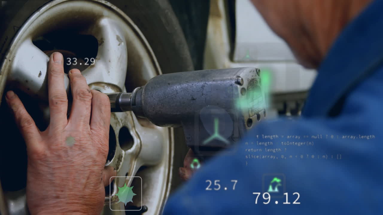 Pneumatic wrench tightening lug nuts on alloy wheel rim, displaying AR metrics and code snippet