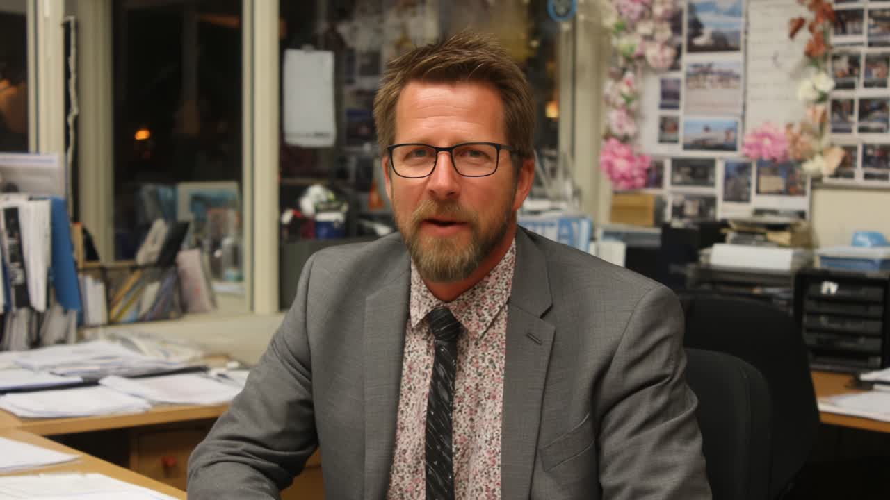 Ein professioneller Mann in einem grauen Anzug hinter einem Schreibtisch, umgeben von Dokumenten und Dekorationen, der einen Moment der Reflexion in einer Arbeitsumgebung festhält