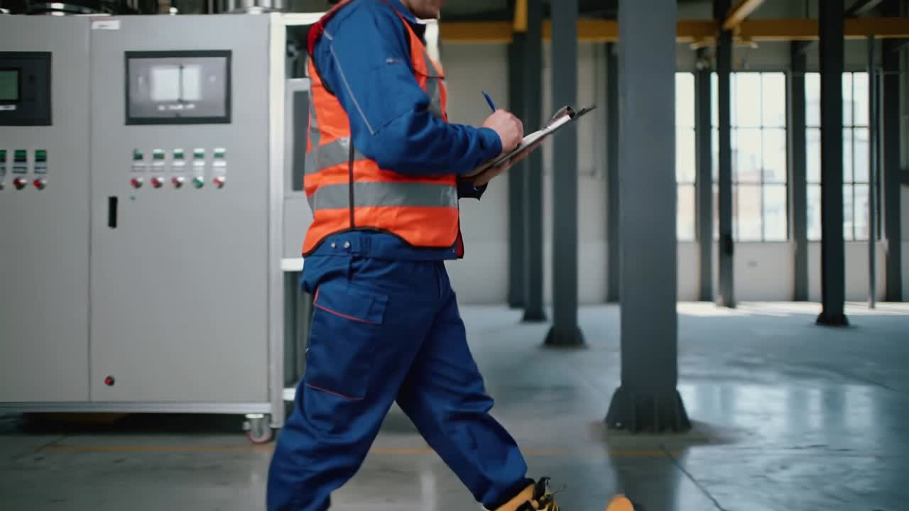 Startkontrolle, gehender Techniker in orangefarbener Weste macht Notizen auf dem Fabrikboden, mit Klemmbrett