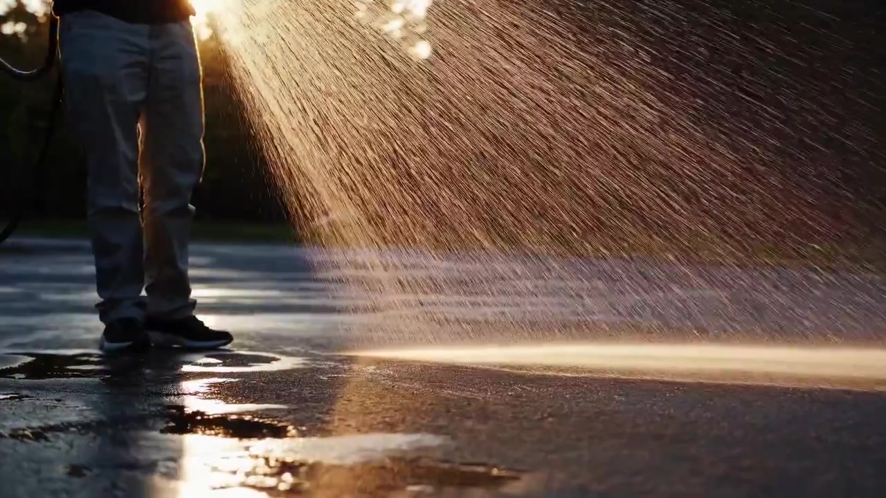 Persona che spruzza acqua con una canna sul selciato al tramonto