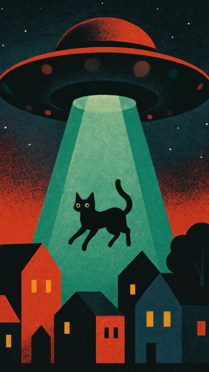 Retro-style illustration of a UFO beaming up a cat over houses at night