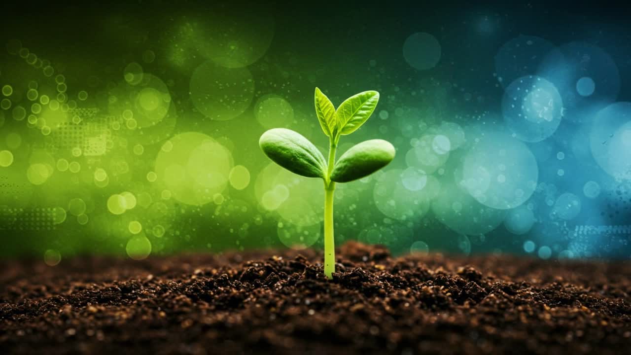 New seedling emerges from dark soil, showcasing growth and life against a colorful blurred background