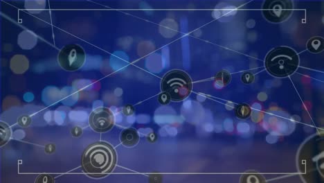 animation of network of connections with digital icons over blue background