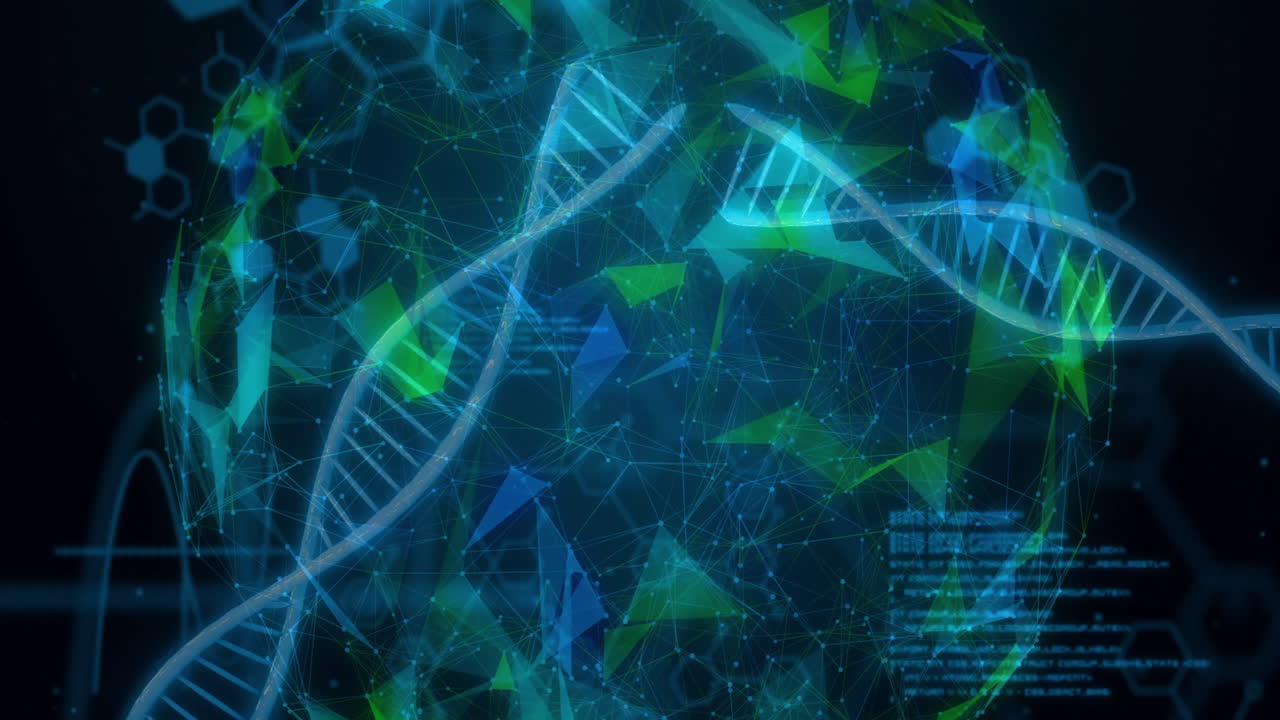 Animation of data processing over dna strands and globe of shapes