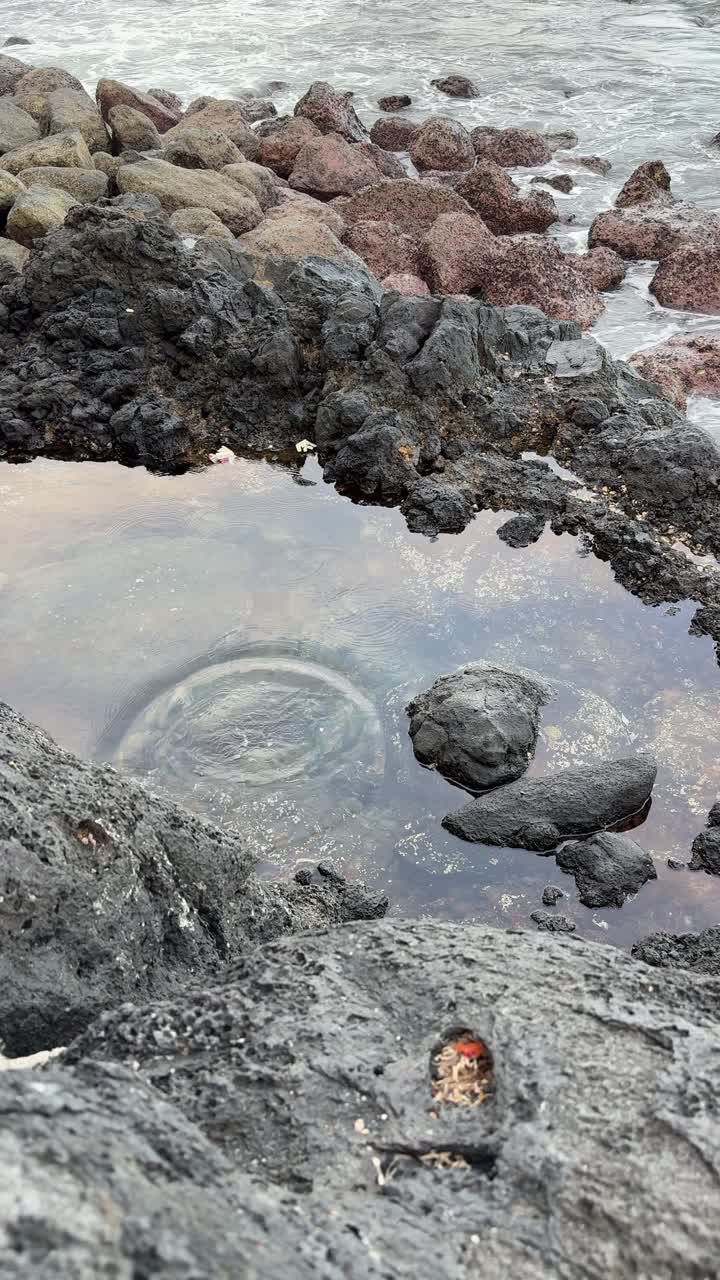 Pietra lasciata cadere in una pozza di marea cristallina su una costa rocciosa