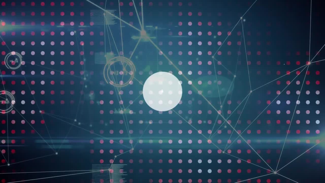 Animation of network of digital icons and data processing over dots pattern against blue background