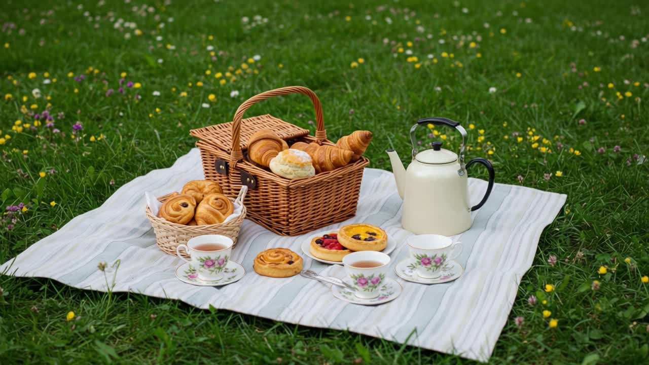 A delightful outdoor picnic with pastries and tea on a grassy field
