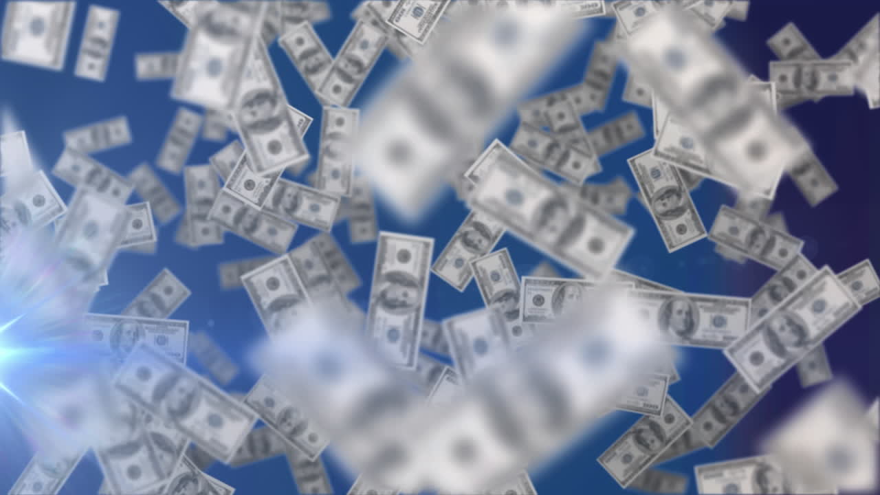 animación de billetes de dólar que se elevan, con reflectores en un fondo azul oscuro