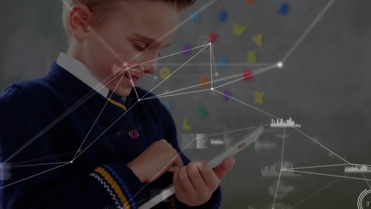 animación de la red de conexiones sobre un escolar caucásico que usa un teléfono inteligente