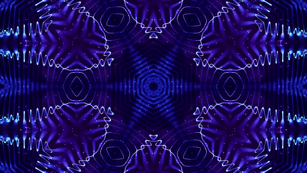 4k looped sci-fi 3d fondo con partículas azules brillantes forman líneas, superficies, estructuras simétricas complejas como estrellas en el caleidoscopio. tema abstracto de microworld o nanotecnología 20