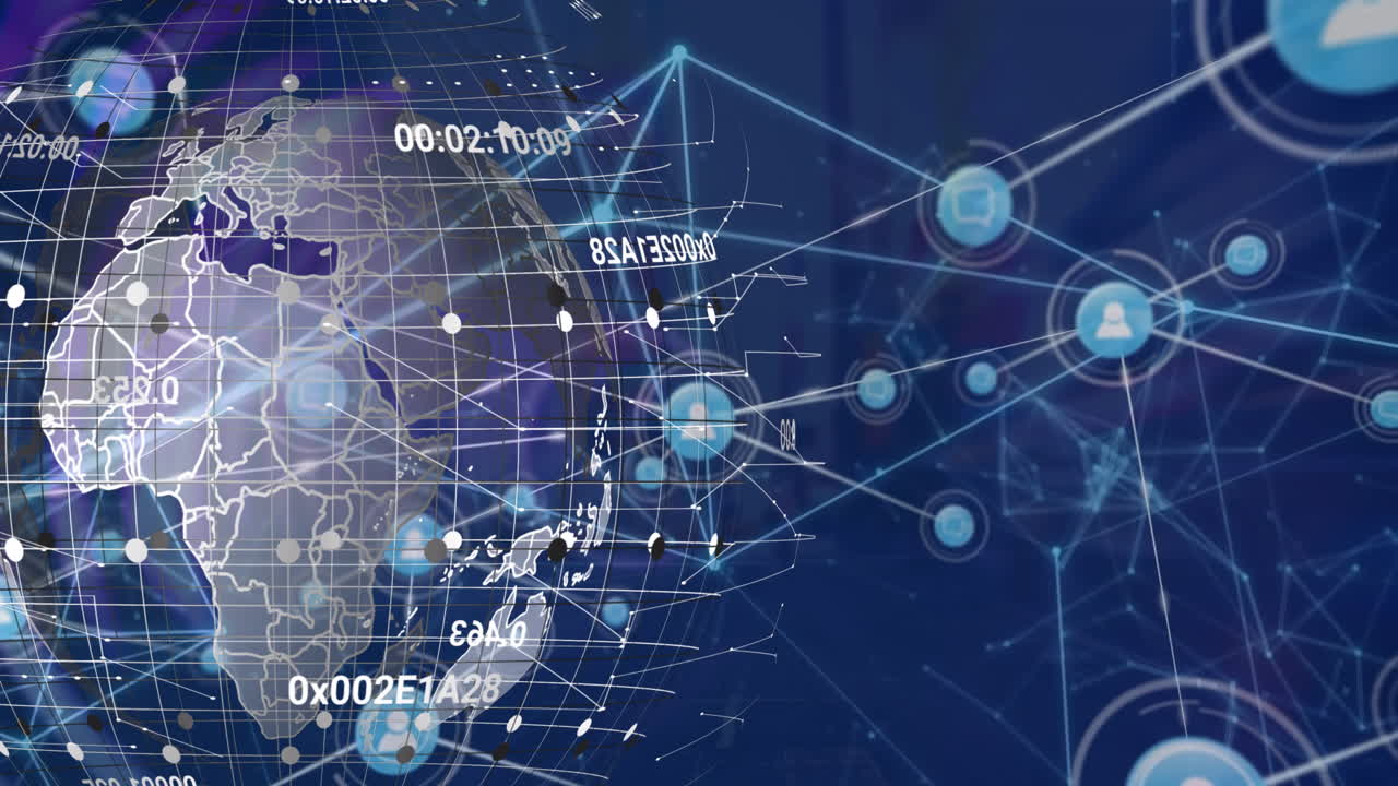 Animation of network of digital icons, network of connections and spinning globe on blue background
