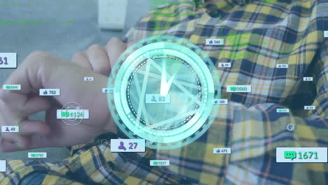 animación de iconos de reloj y redes sociales sobre el hombre usando un reloj inteligente