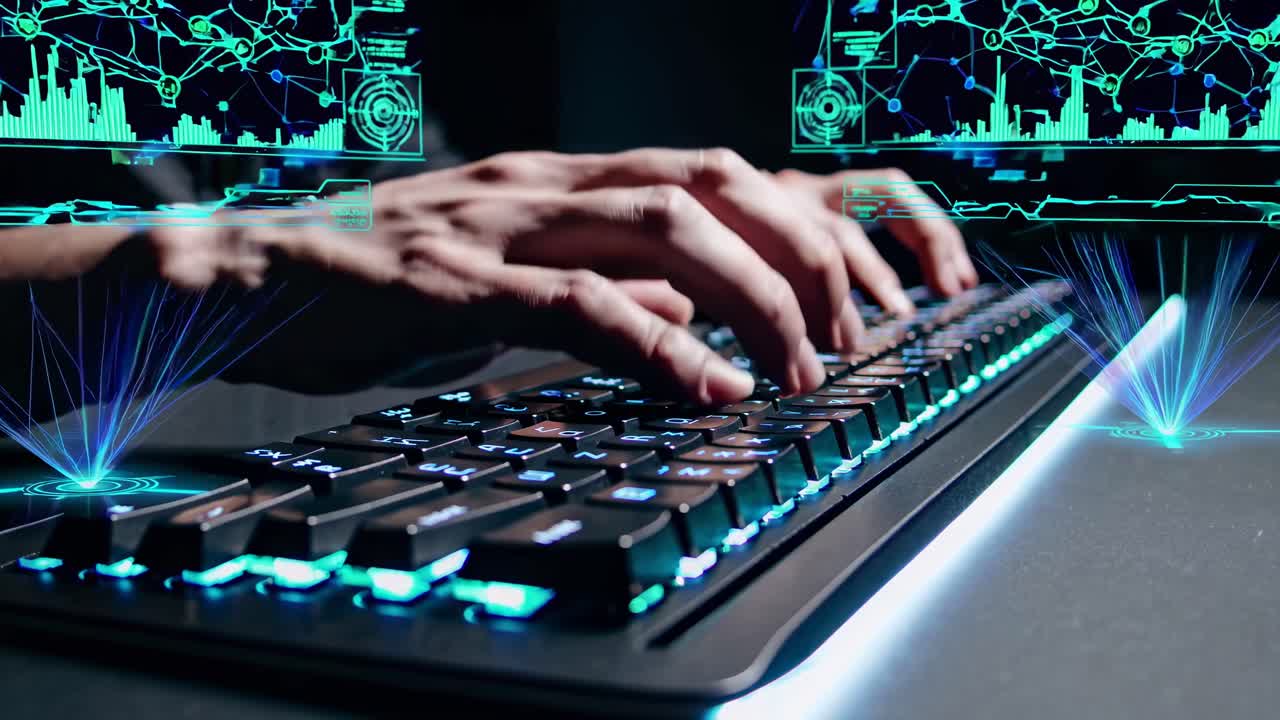 Close-up video shot of hands typing on a backlit keyboard with holographic digital graphics