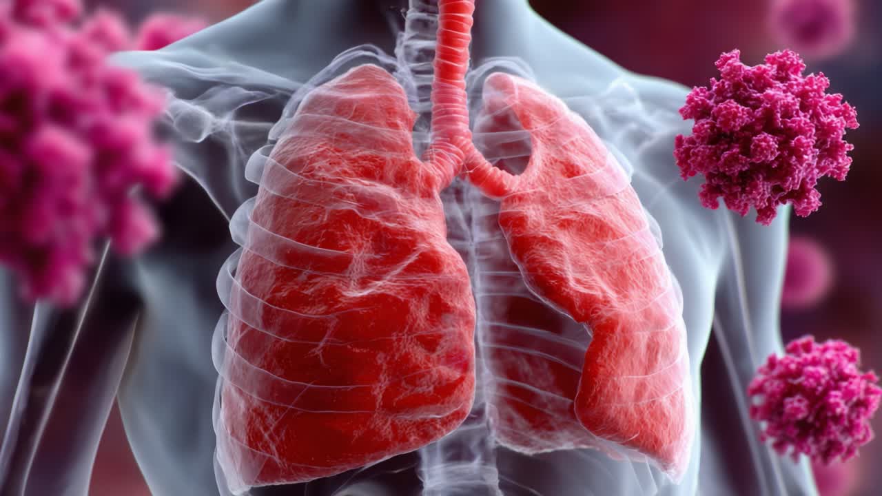 Illustration of Human Lungs Highlighting Their Structure and Functioning within a Biological Context Surrounded by Virus Particles Representing Respiratory Challenges