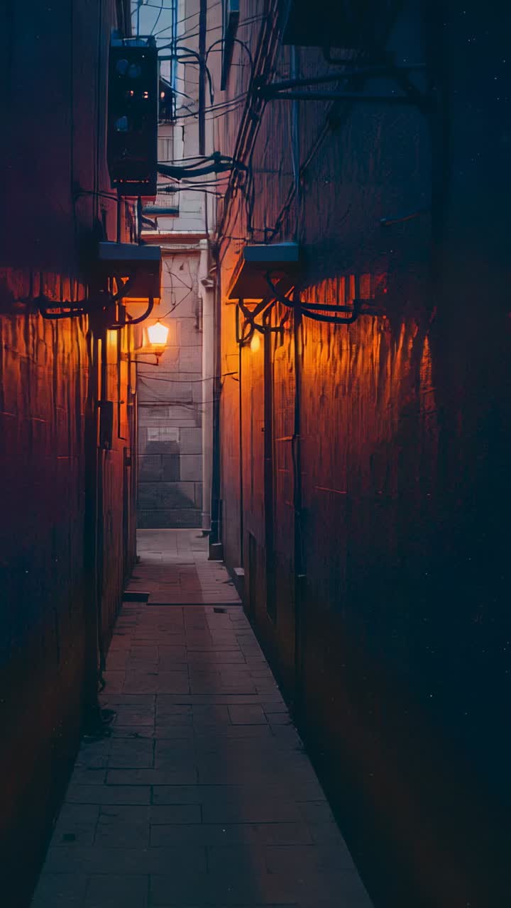 Vertical video: Moving camera pushing down narrow alley, revealing lamp, cables, metal gate