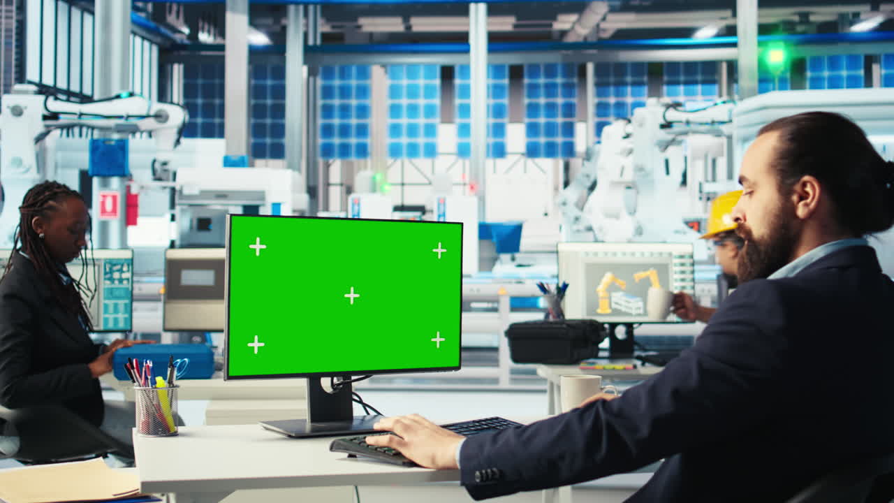 태양 전지 패널 제조 공장 노동자가 녹색 화면을 사용하여 정지 시간을 줄이고 있습니다.