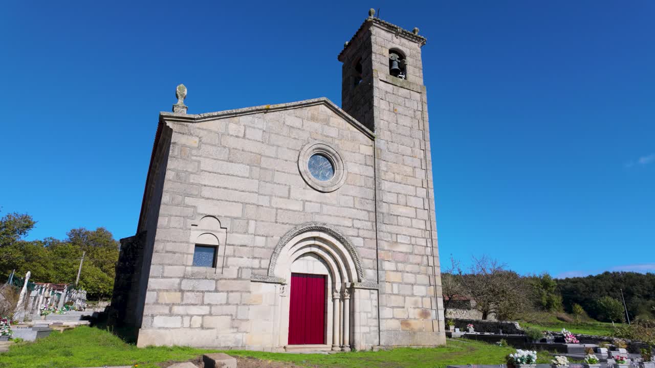 Front view of Santa María de Parada de Outeiro church, Vilar de Santos, Ourense, Spain