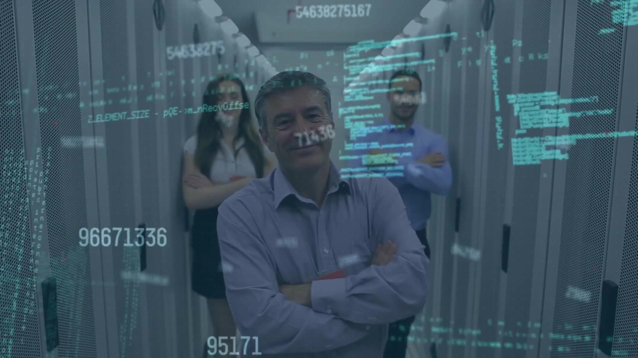 Animation of shapes and data processing over diverse business people in server room