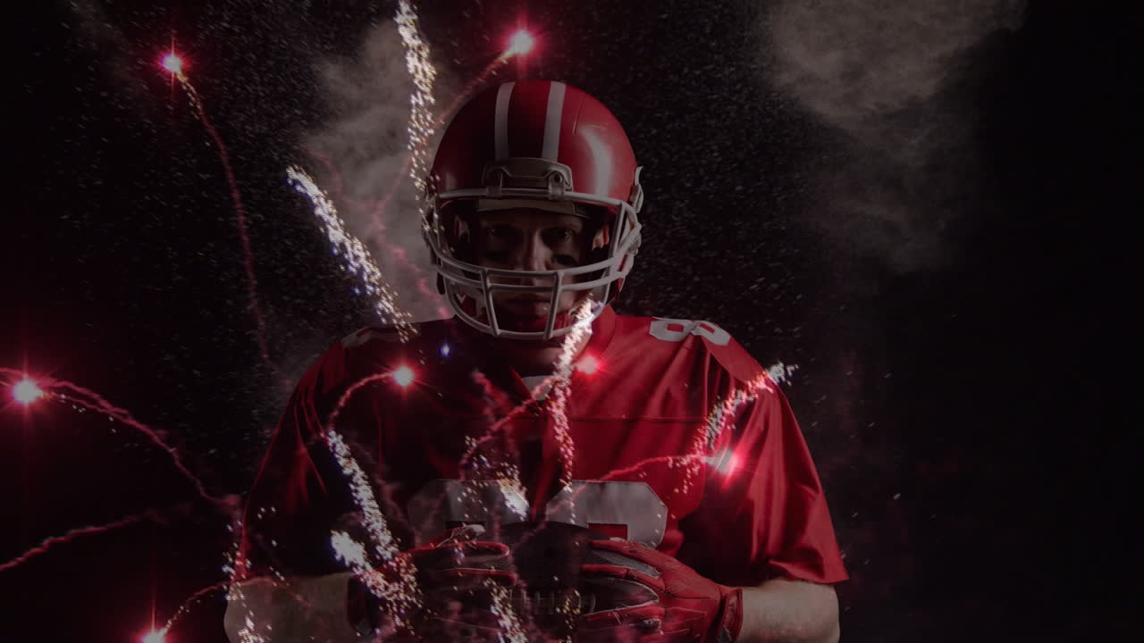 animatie van vuurwerk over amerikaanse voetballer