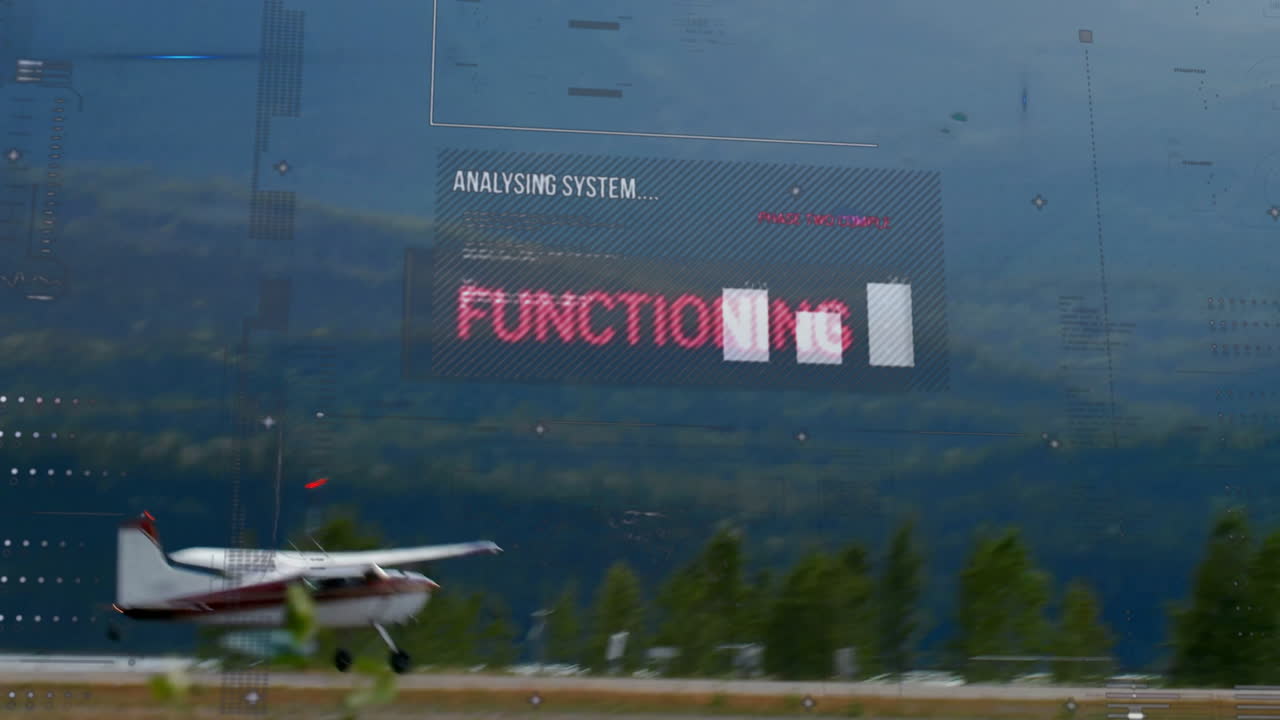 Small airplane taking off with digital data and analysis overlay animation