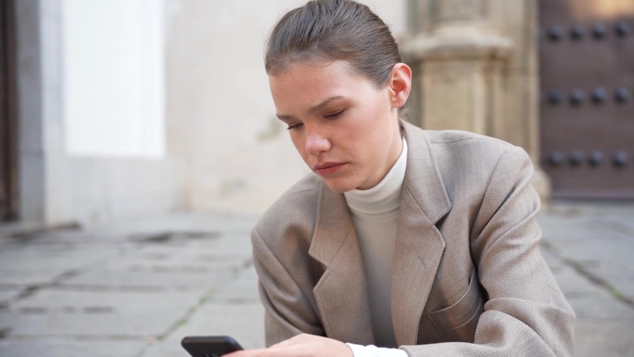 A young woman is using her smartphone while sitting outdoors in an urban city setting nearby