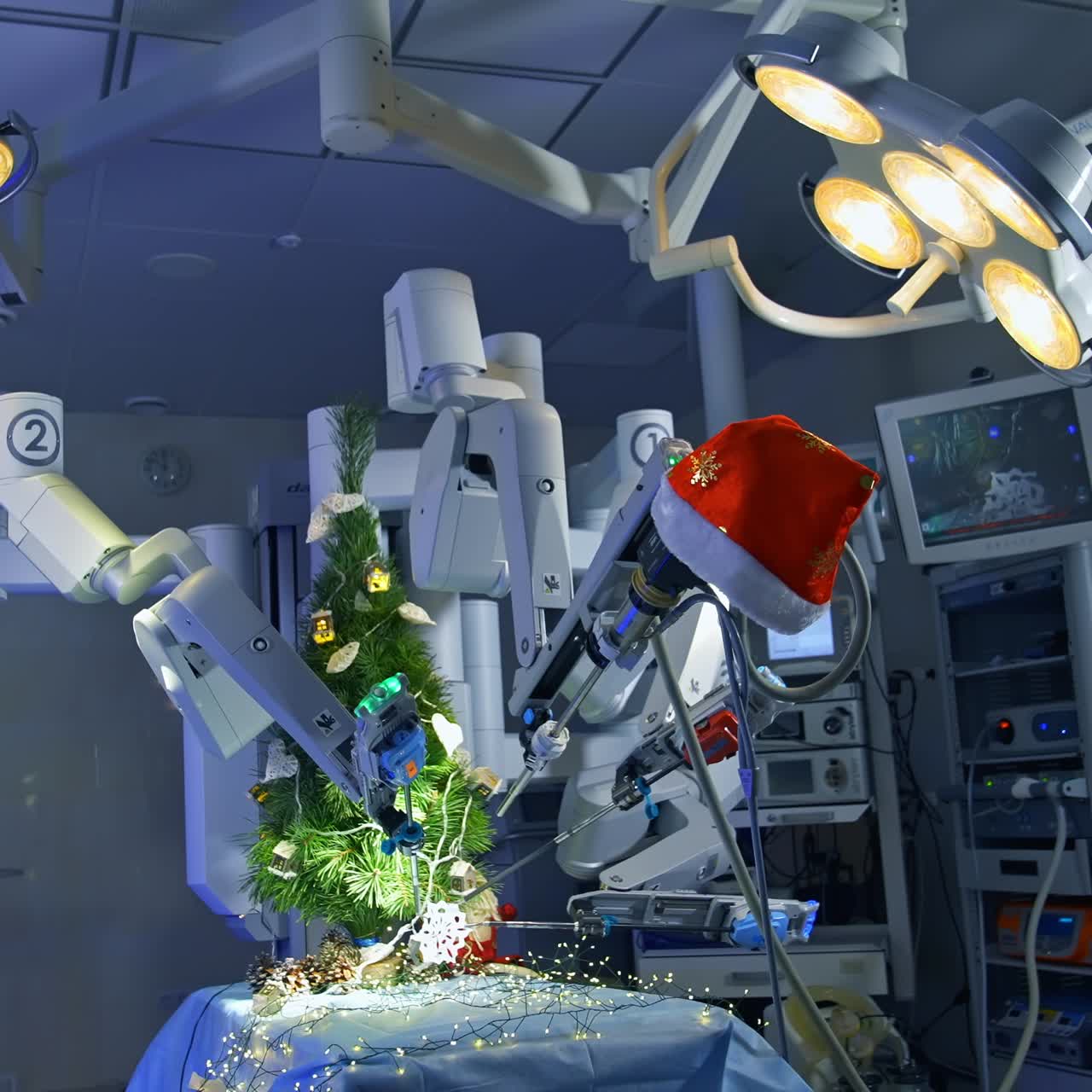 Medical robotic futuristic health care medicine. Shot of da Vinci machine arm surgeon in futuristic operation room