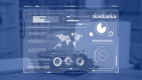 animation of financial data processing over desk in office