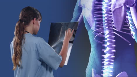 animation of a doctor holding a x-ray scan over a 3d human body model spinning on blue background.