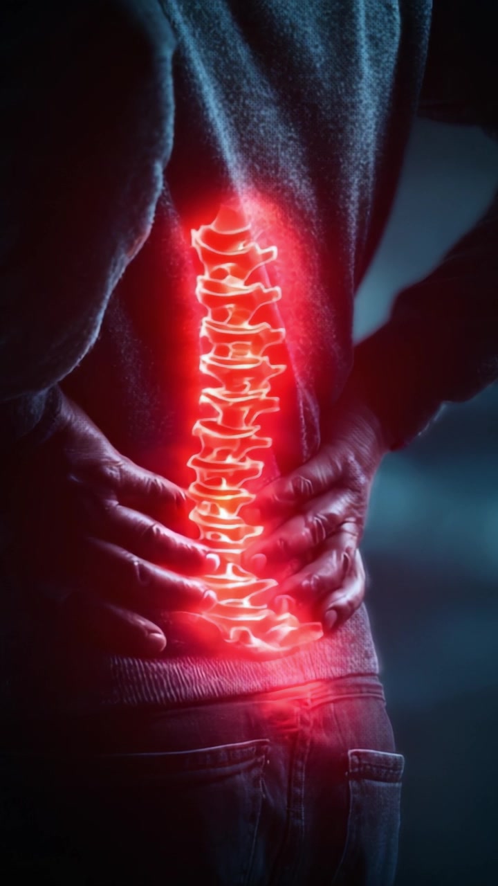 A striking representation of a person experiencing lower back pain, showcasing a glowing red spine that symbolizes discomfort and the impact of spinal health on overall well-being.