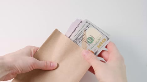 hands hold paper bag with money on white background