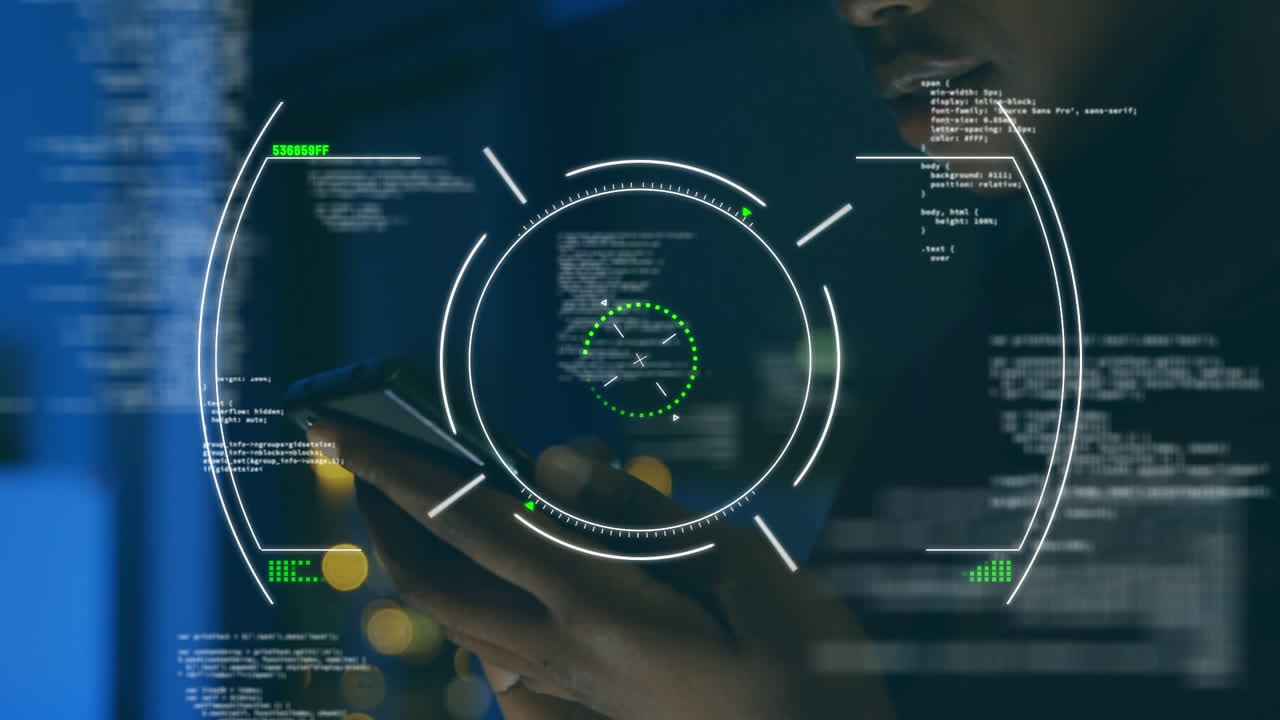 Animation of financial data processing over african american woman using smartphone