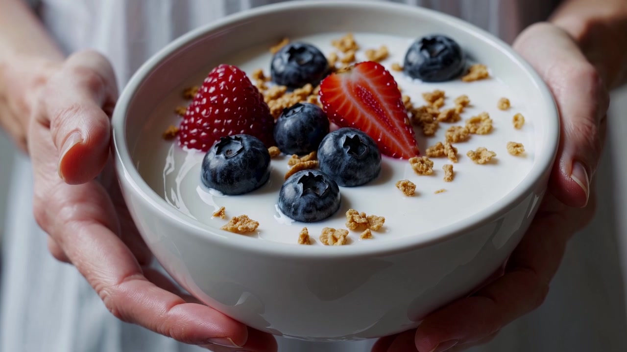 Pessoa segurando uma tigela de iogurte coberto com frutas vermelhas frescas e granola