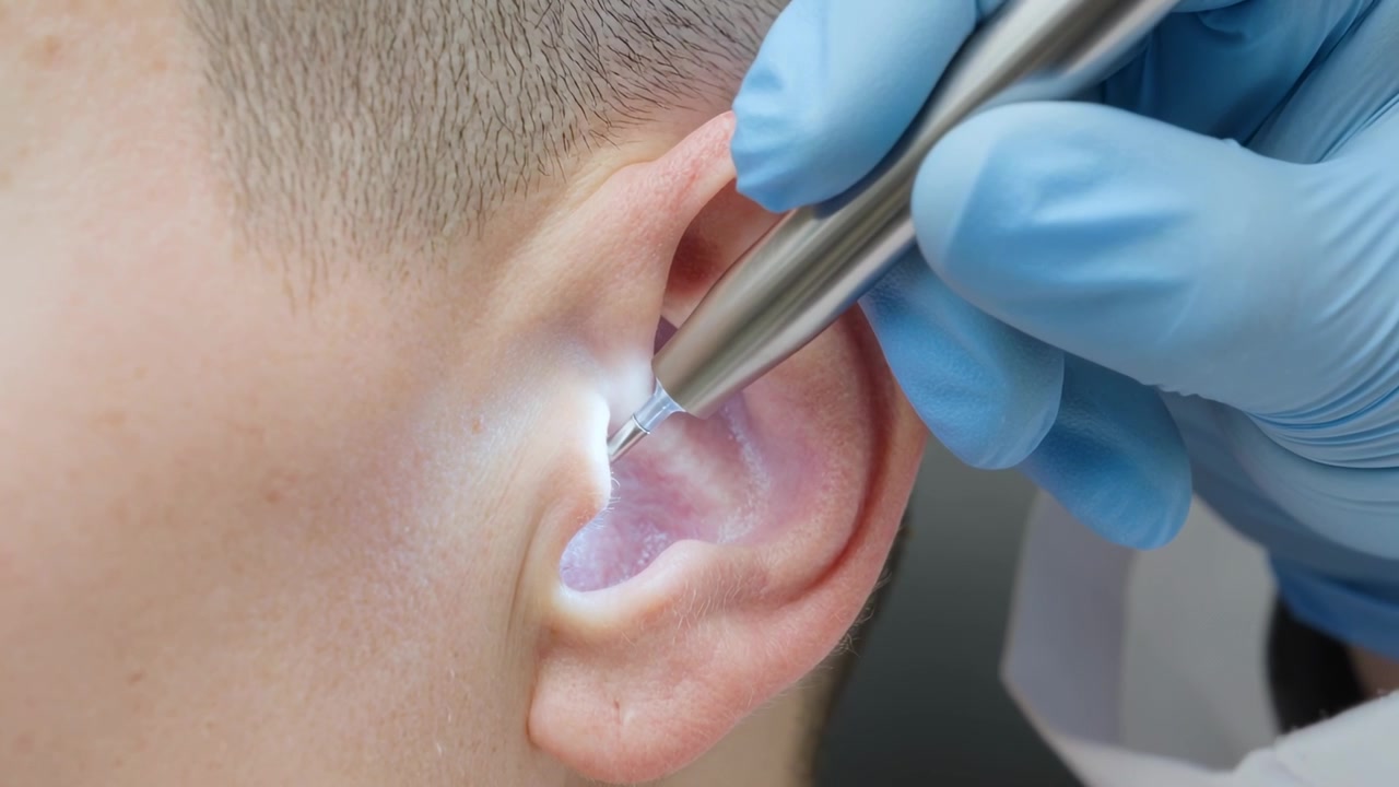 Medico in camice bianco e guanti blu che tocca il bordo esterno dell'orecchio, pulendo il condotto uditivo del paziente con uno strumento illuminato.