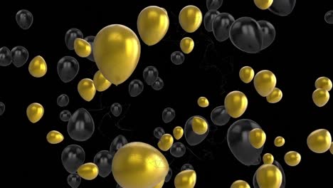 animation of flying colorful balloons and moving network of connections over black background