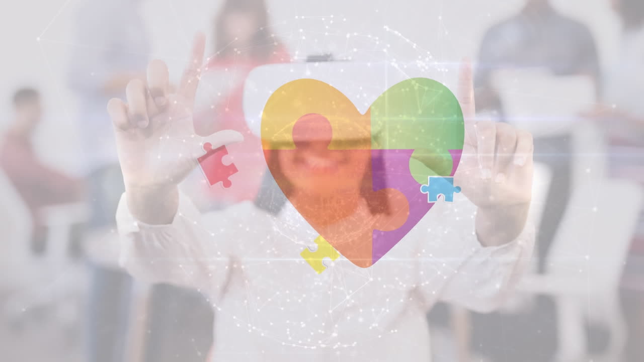 animación de rompecabezas y corazones sobre mujer biracial feliz usando auriculares vr.