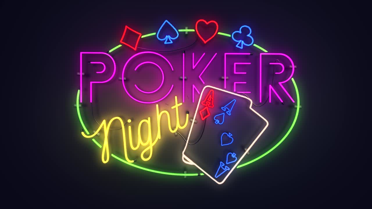 Realistic 3D render of a vivid and vibrant flashing animated neon sign, with the words Poker Night and flashing Aces logo, with a plain background