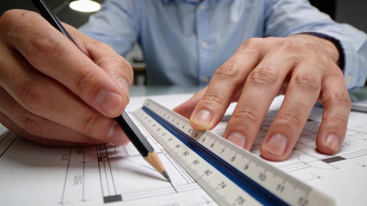Aligning scale ruler, man in light-blue shirt drawing on desk with pencil and plans, refining plan