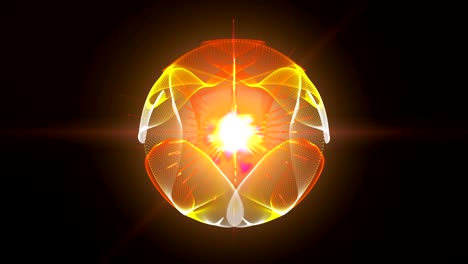 bucle sin costuras, partículas abstractas forman líneas, superficie y cuadrícula. luces de fondo de fuego naranja rojo haz abstracto, esfera y forma de espejo.