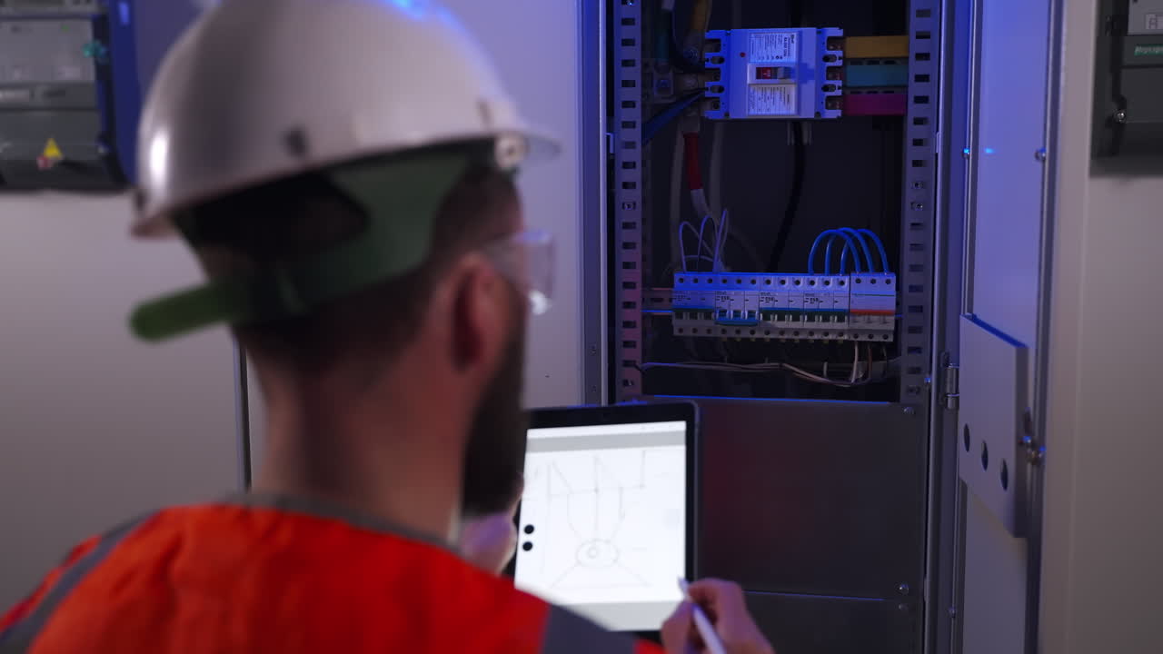 electricista que trabaja en el panel eléctrico